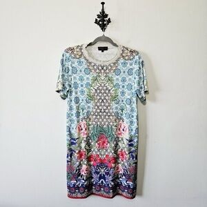 Hale Bob Short Sleeve Floral Dress Size M Leopard Print Brocade Lace Trip EUC